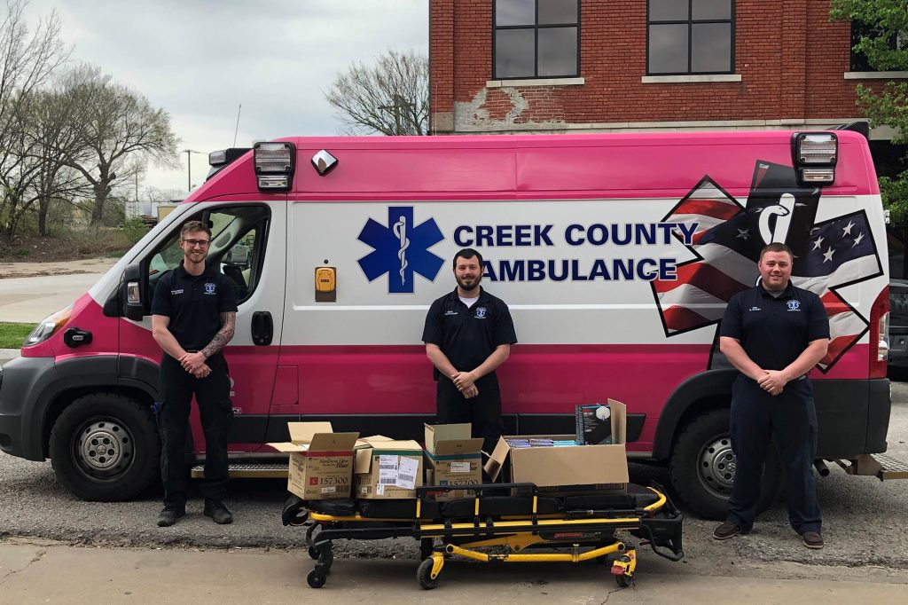 picture of Creek County Ambulance receiving PPE donation from Central Tech