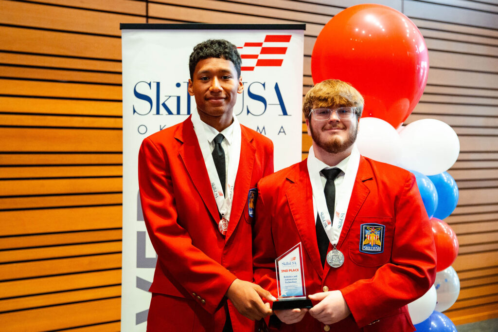 Automation Earning 2nd place in Robotics and Automation Technology for secondary students is (L-R) Ty Peterson, Stroud; Dylan McGuire, Kiefer.