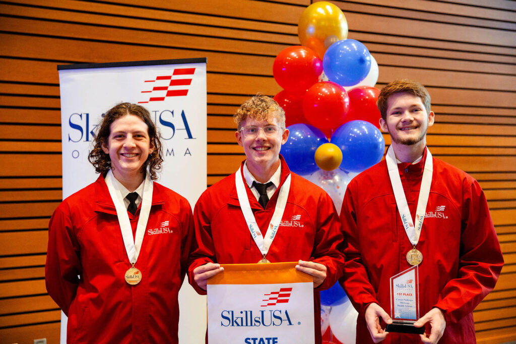 CareerHealthScience Earning 1st place in Career Pathway Showcase: Health Science for secondary students is (L-R) Jacob David, Cleveland; Tanner Ficken, Mannford; John Lasarsky, Mannford.