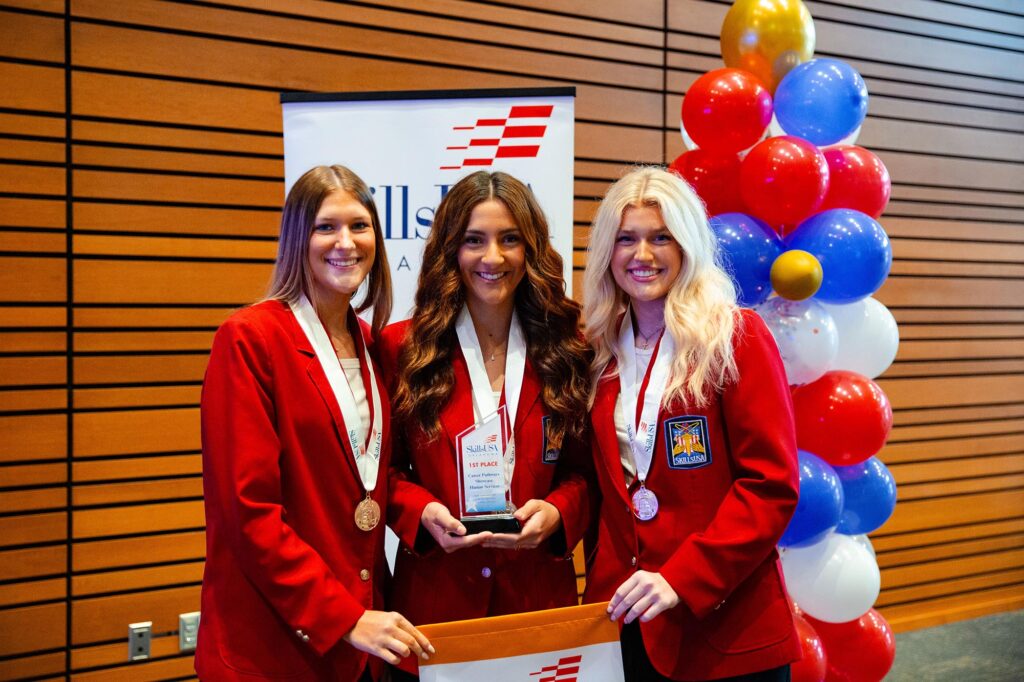 CareerHumanServices Earning 1st place in Career Pathway Showcase: Human Services for secondary students is (L-R) Summer Gunter, Stroud; Lindley Thurman, Mannford; Peri Fry, Mannford.