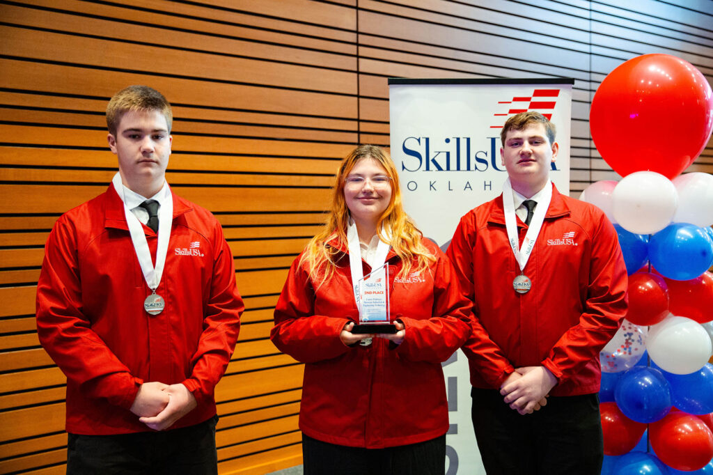 CareerTechnology Earning 2nd place in Career Pathway Showcase: Industrial and Engineering Technology for secondary students is (L-R) Jack Powell, Cleveland; Sylvia Thomas, Davenport; Elijah Hoover, Depew.