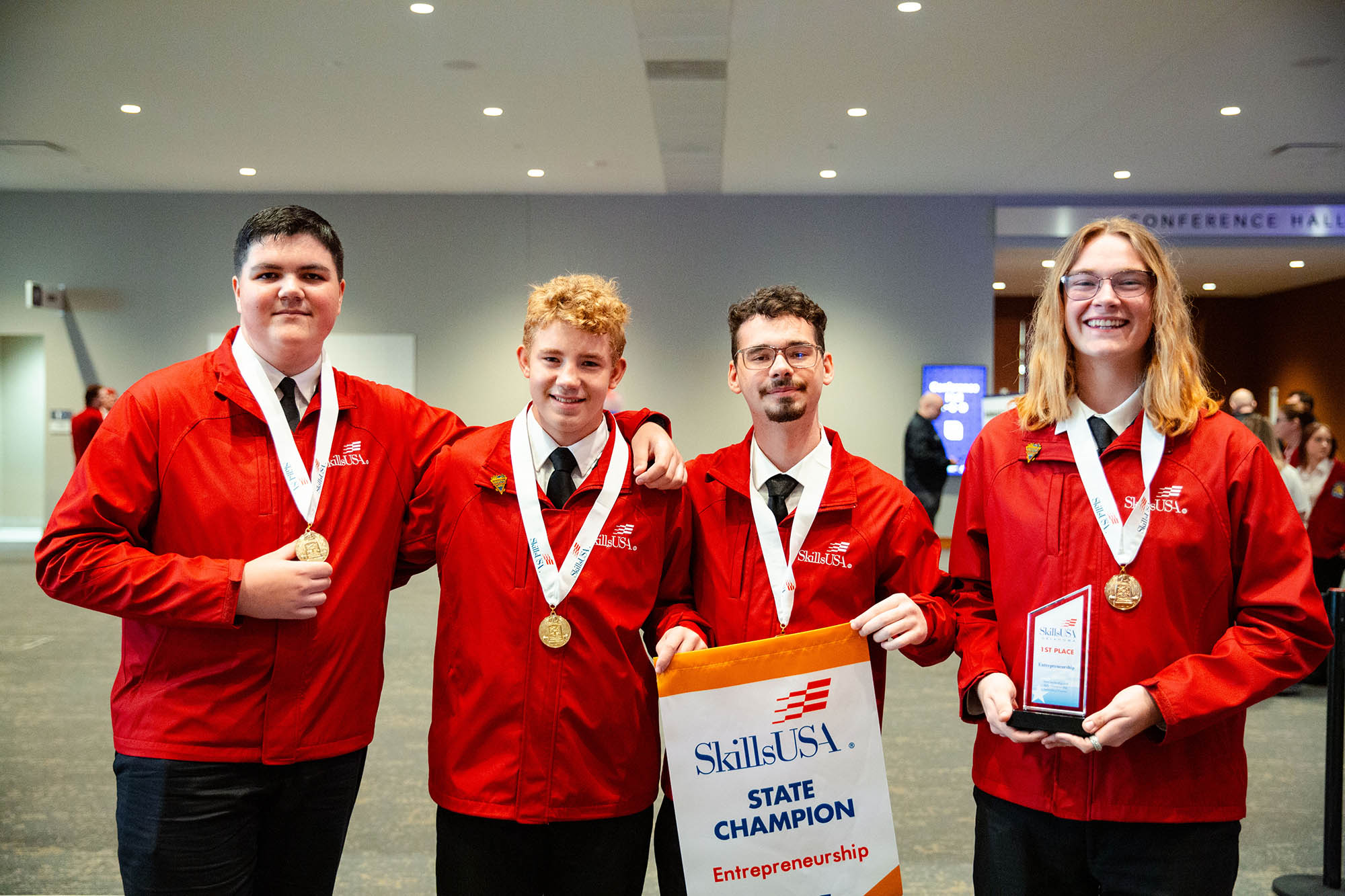 Earning 1st place in Entrepreneurship for secondary students is (L-R) Cade Nance, EPIC; Jacob Gosney, homeschool; Cameron Thompson, Mannford; Noah Gustafson, Mannford.