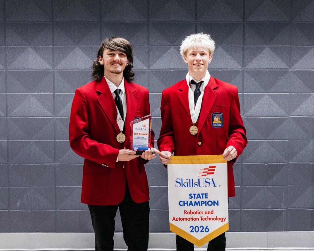 Earning 1st place in Robotics and Automation Technology for secondary students is (L-R): Carter Meloy, Cushing; Kolson Seachris, Bristow. 