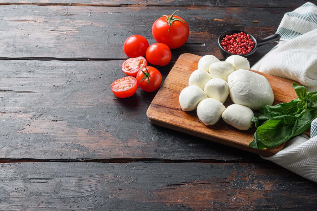 mozzarella cheese on a cutting board